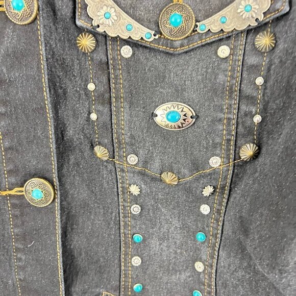 DG2 by Diane Gilman Black Western Stretch Jean Jacket Size M  Faux Turquoise - Picture 7 of 9